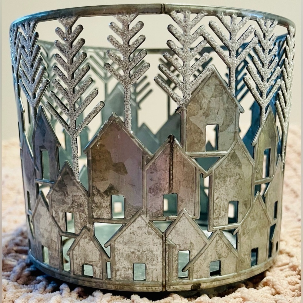 ❄️ GLITTER CAPPED TREES & HOUSES Theme Bath & Body 3 Wick Candle Holder Retired